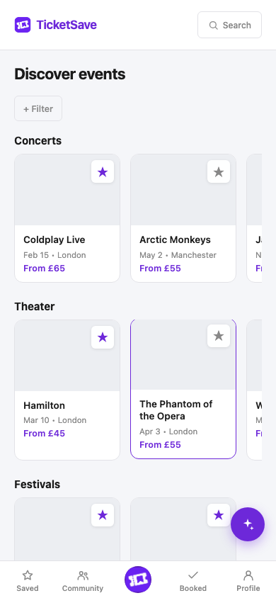 Discover events screen with category rows